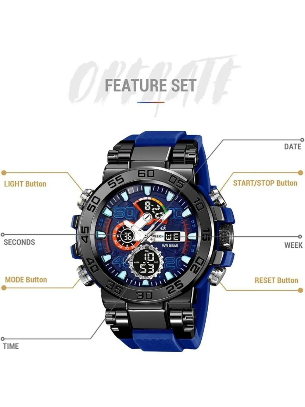 Men's Blue Analog Quartz Waterproof Sports Outdoor Military LED Digital Watch